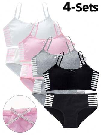 4件套女孩青春期训练文胸吊带背心+内裤两件套，舒适内衣套装，适合青春期女孩，春夏款