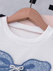 2pcs Girls Kids Fashion Casual White Textured Fabric Sweatshirt With Blue Bow Accent & Flare Leg Blue Pants Set, Suitable For Party, Casual, Vacation, Everyday Wear, Spring & Autumn - Blue - View 3