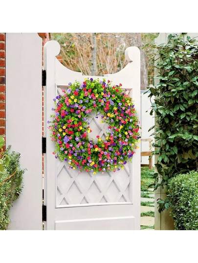 1 pieza, Corona artificial (19''/48cm), Corona de flores artificiales de alta calidad resistente a la oxidación, corona de estilo cottage colorida para colgar en primavera, hermosa corona artificial, decoración de escenario, decoración de habitación, suministros para bodas, recuerdos de bodas, suministros de decoración para festivales