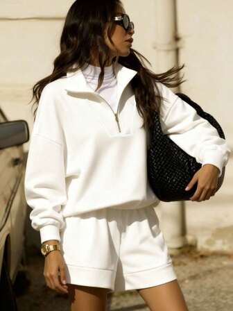 2pcs Casual Zip-Up Long Sleeve Polo Collar Top And Wide Leg Shorts Set, Loose Fit Office/Airport Style, Autumn/Winter Women Casual Suit, Solid Color Retro Party Outfit, Business Casual, Comfortable Suit, Autumn/Winter 2-Piece Set, Women Long Sleeve Suit