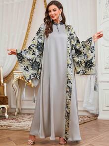 女士斋月长袍连衣裙，立领提花拼接纯色长袖连衣裙，适合正式场合、日常休闲穿着和约会。 - 灰色 - 查看 6