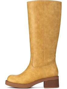 Women's Knee High Square Toe Chunky Block Riding Boots, Low Heel, 2025 Fashion - Yellow - View 4