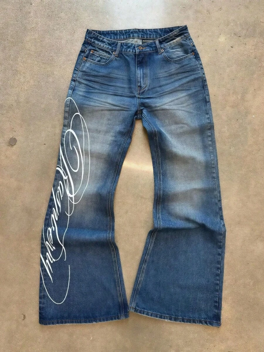 European And American High-Waisted Washed Letter Print Jeans Men's And Women Y2k Harajuku Fashion Punk Street Trousers - 藍色 - 查看 1