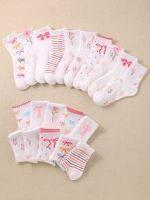 20双女童中筒袜，粉色和白色，蝴蝶结、花朵、条纹和波点图案，女童配色，透气舒适，适合搭配皮鞋和运动鞋，款式随机发货 - 彩色 - 查看 8