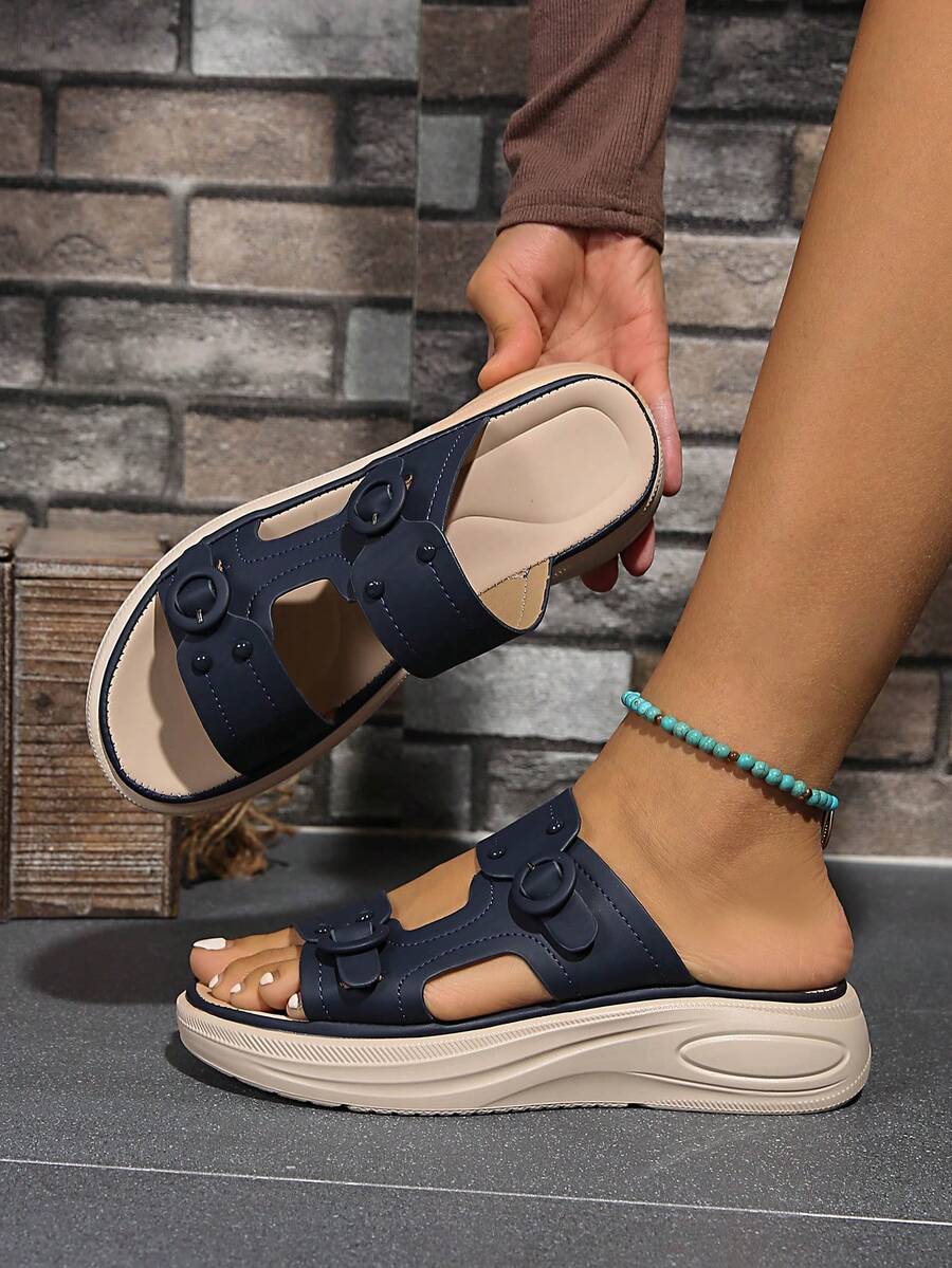 Sandalias con correa de gancho y bucle para exteriores, nuevas zapatillas de playa de verano con suela blanda antideslizante y resistente al desgaste, pantuflas casuales 2 en 1 - Azul Marino - Ver 1