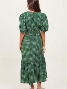 Maternity Polka Dot All-Over Print Casual Bohemian Woven Fabric Ruffle Hem Dress, Daily Wear, Spring/Summer - Green - View 3