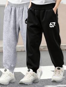 2pcs Young Boys Letter & "67" Graphic Print Sports Sweatpants, Autumn/Winter - Multicolor - View 1