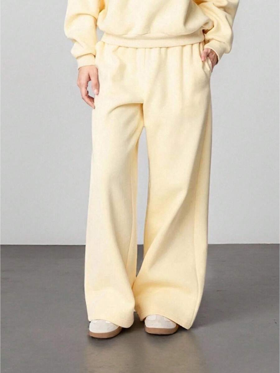 Women's Track Pants Elastic Waist Solid Color Causal Wide Leg Lounge Trousers With Pockets - Butter Yellow - Xem 1