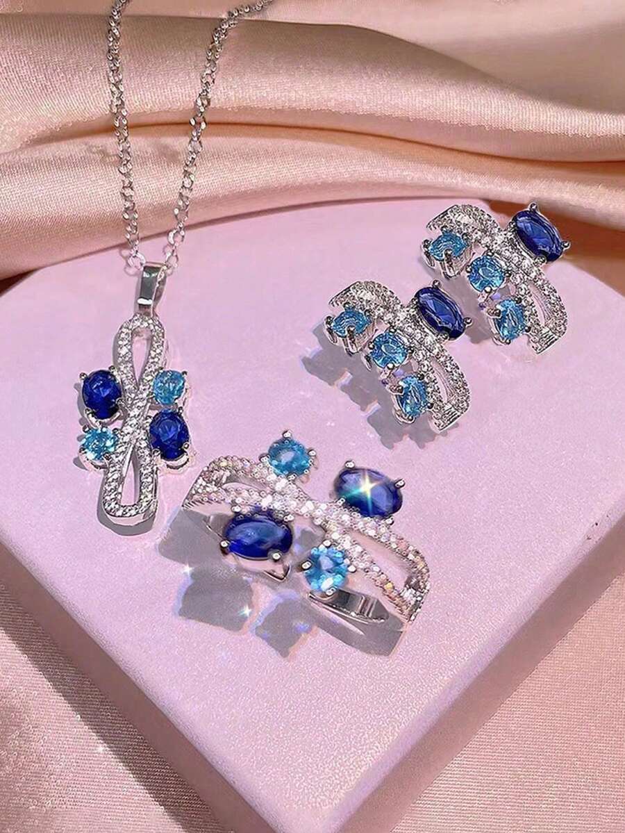 Conjunto de joyas de zafiro azul exquisito incrustado de 4 piezas, adecuado para que las mujeres lo usen en varias ocasiones, accesorios de vestido de fiesta nupcial y de boda, mejor regalo para su mejor amiga - Azul - Ver 1