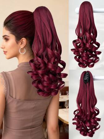 Kloformad hästsvansförlängning hårtillbehör, vinröd 14 tum långvågig värmebeständig fiber syntetisk hästsvansperuk, lämplig för kvinnors jul, halloween, konsertfester och daglig användning