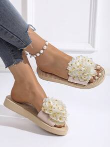 1 Pair Metallic Floral Print Polka Dot Beach Fashion Street Graffiti Wide Fit Woven Pattern Beige Elastic Band Slides, Suitable For Beach, Outdoor, Party, Office, All Seasons - Apricot - View 3