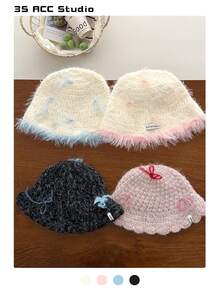 Minimalist Knitted Bucket Hat With Elegant White Bow, Women's Warm Ear Protection Large Head Circumference Knitted Hat, Sweet Cute Handmade Crochet Knitted Hat, Versatile Knitted Hat With Ear Protection, Bucket Hat