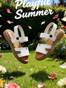 1 Pair Beige Children's Sandals, Girls' Summer Sandals, Open Toe Flat Sandals, Fashionable White Hollow Double Strap Hook And Loop Style, Suitable For Banquets, Gatherings, Parties, Weddings, Vacations - Beige - View 7