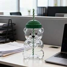 Mini Cute Transparent Bear Straw Cup, With Green Hat Bear Shaped Lid And Straw, Unique Office Design, Transparent Creative Cocktail Cup, Suitable For Juice And Milk Tea, INS Style Cartoon Reusable Travel Cup, Christmas, Valentine's Day, Birthday Gift - Multicolor - View 7