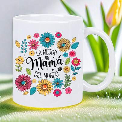 Spanish Mama Mug - White Ceramic Coffee Cup With Multicolor Spanish Flowers & " Mejor Mamá" Phrase, Dishwasher  Gift For Mother's Day, Christmas, Birthdays - Spanish-Language Mom Present For
