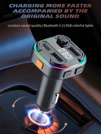 12-24V车载蓝牙MP3播放器，双USB+Type-C车载充电器，FM发射器，多功能车载音频播放器，带彩色氛围灯，可将手机音乐传输至车载音响