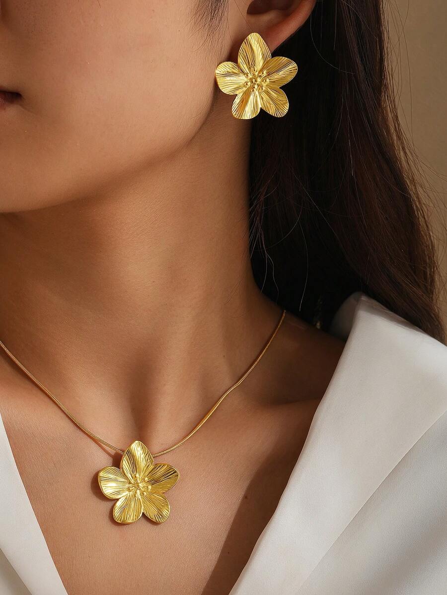 2pcs/Set Luxury Floral Stainless Steel Earrings & Necklace Jewelry Set, Exquisite Boutique Design - Necklace + Earrings - View 1