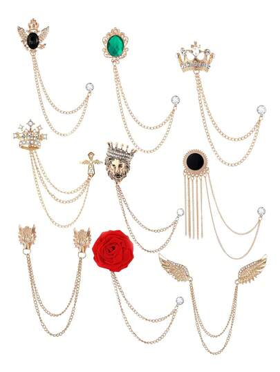 1 st tofskedja brosch krage nålar rosblomma strass änglavingar varghuvud hängande kedjor för kostym kavajslag smoking skjortor slips hatt halsduk brosch nål modesmycken för män