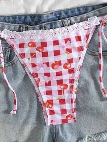 可爱波西米亚风女士比基尼套装，挂脖格纹樱桃印花系带丁字露背泳衣，流苏边饰，高弹力 - 彩色 - 查看 5