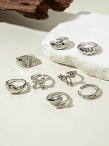 6pcs/8pcs Set Minimalist Chic Metal Geometric Open Band Rings, Unique Personalized Versatile Rings, Perfect Gift For Daily, Casual, Date, Shopping - Multicolor - View 3