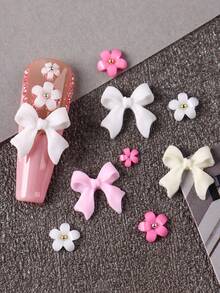 12 Rejillas Decoraciones de Arte de Uñas 3D Lindos Moños, Diseño de Mariposas, Flores y Amor con Perlas, Charms de Rhinestone para Decoración de Uñas, Suministros de Manicura DIY Estilo Japonés