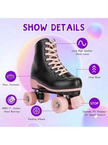 Gets Classic Double-Row Roller Skates,Women's Roller Skates, PU Leather Shiny Roller Skates, Classic Adjustable Four-Wheel Beginner Roller Skates, Suitable For Indoor And Outdoor Use - 粉紅黑CN33 - 查看 6