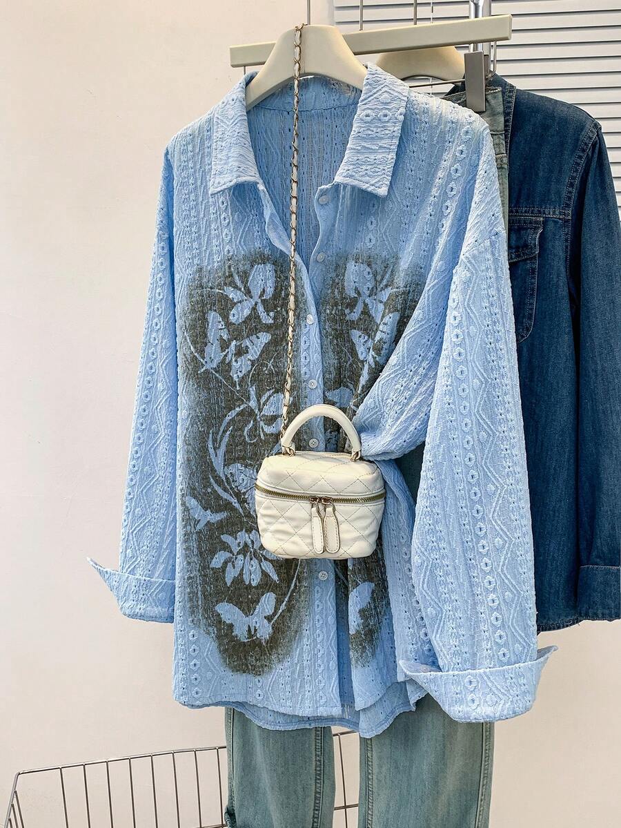 女士春夏新款蝴蝶印花衬衫，适合情人节穿着