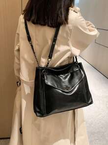 女士时尚大容量单肩手提包，简约纯色手提包，斜挎包，工作包，旅行包，多功能链条肩带包 - 黑色 - 查看 4