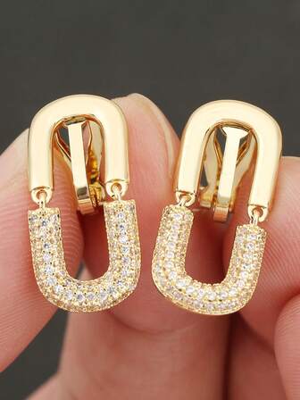 2 Pieces Of Fashionable Luxury Micro-Inlaid Zirconia Earrings, Double U-Shaped Clip-Ons, Oval Earrings That Do Not Require Piercing, Exquisite And High-End Feel, Suitable For Women's Daily Wear And Festive Occasions, Can Be Given To Friends
