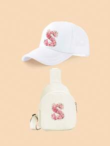 2件套女童白色26字母粉色玫瑰卡车帽套装，时尚可爱轻便遮阳帽，适合作为生日/节日礼物，适合春夏户外活动、登山、上学、玩耍 - 白色 - 查看 30