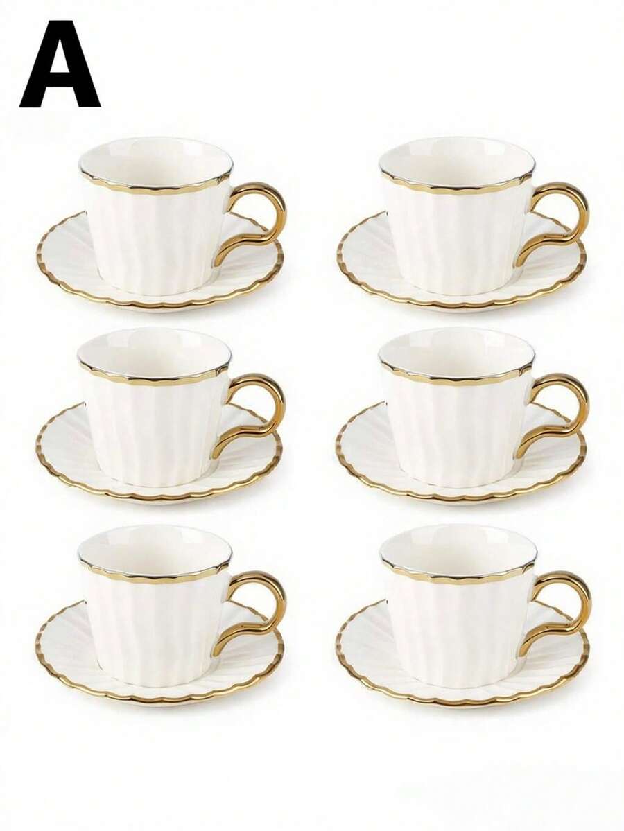 Coffee Cup Set Of 6 With Saucers, 3.5 OZ Ceramic Espresso Cups, Deco Golden Turkish Coffee Cup Gift For Cappuccino, Latte, Cafe Mocha And Tea - trắng - Xem 1