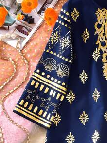 Vihyde 1pc Tween Girls' Festival Long Robe, Navy Blue With Gold Foil Geometric Pattern Trim Collar, 3/4 Sleeve Robe - Navy Blue - View 8