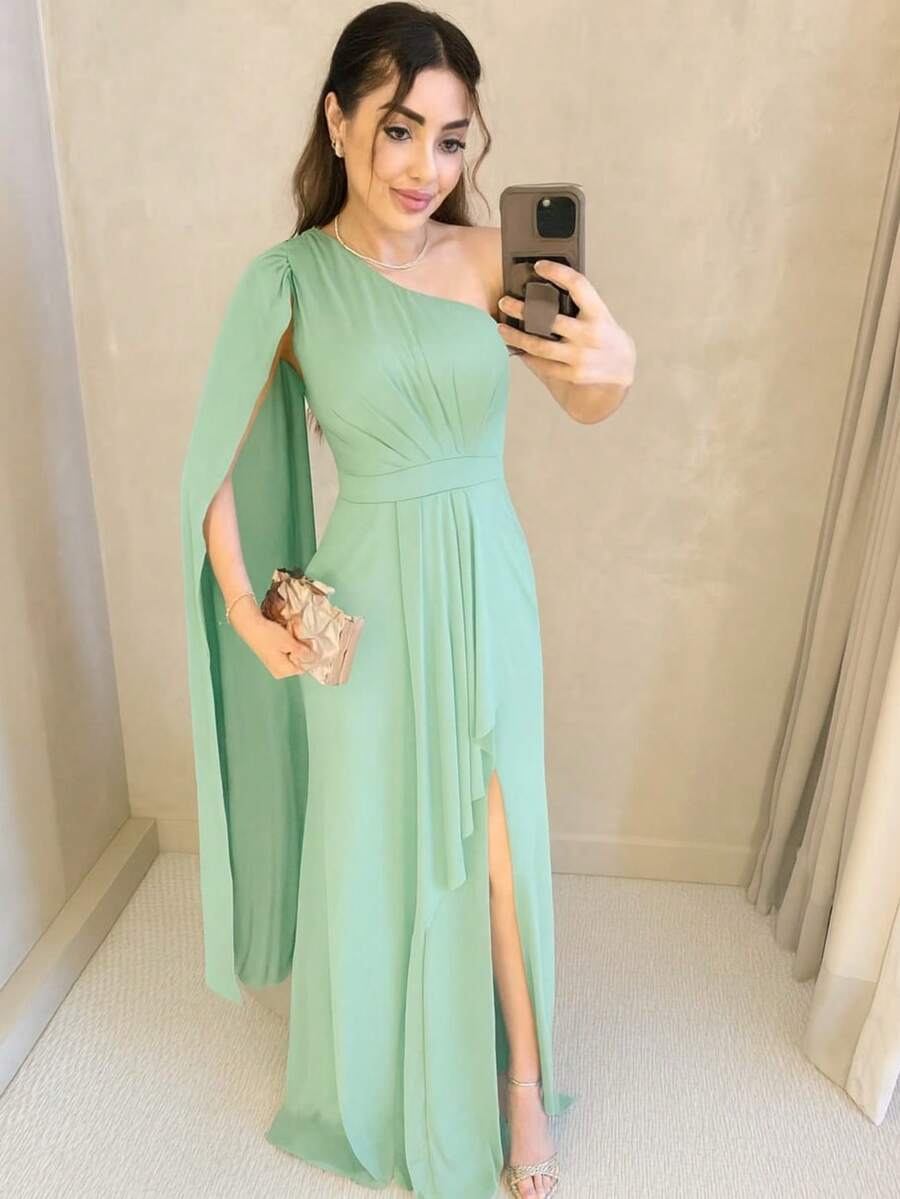 Women's Long Party Dress, One Shoulder With Elegant Slit, One Size M (Fits Sizes 38 To 42) Simple, Elegant Party Dress, Perfect For Beach, Weddings, Bridesmaids, And Graduations. - 薄荷綠 - 查看 1
