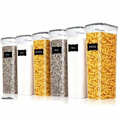 THELIFE 3/6pcs Airtight Pasta Storage Containers Set With Lids, 2.4L Large Plastic Food Canisters Organizer With Labels Marker For Flour, Sugar, Noodles And Dry Food In Kitchen Pantry Cabinet Organization,