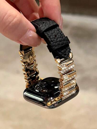 1pc Women's Black Asymmetrical Metal & Leather Premium Watch Band Compatible With 38/40/41/44/45/49/42/46mm For Apple Watch S11/SE3/Ultra3/Ultra/SE/SE2/10/9/8/7/6/5/4/3/2/1