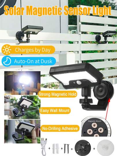 Đèn đường năng lượng mặt trời 92 LED, sử dụng pin 1500mAh, đèn sân vườn cảm biến từ tính với cổng sạc Type-C, góc điều chỉnh được, thích hợp cho lối đi bộ, đường lái xe, sân vườn, hiên nhà và nhiều nơi khác.