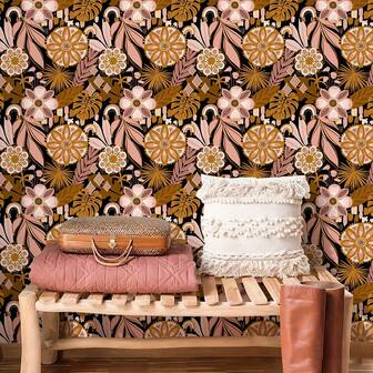 1 rulle bohemisk blommig självhäftande tapet - skalbar och självhäftande, vintage svart rosa guld tropisk växtklistermärke, vattentätt avtagbart kontaktpapper, lämplig för vardagsrums-TV-bakgrundsvägg, köksskåp bokhylla möbelrenovering, 17,32 tum bred, hyresgästvänlig, gör-det-själv dekorativ klistermärke