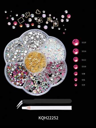 7 rutnät kristalldiamanter, plattbaksida strass DIY-pyssel runda ädelstenar strass för nagelkonst, 3D-ornament plattbaksida stenar med 1 st pincett och 1 st borrpenna