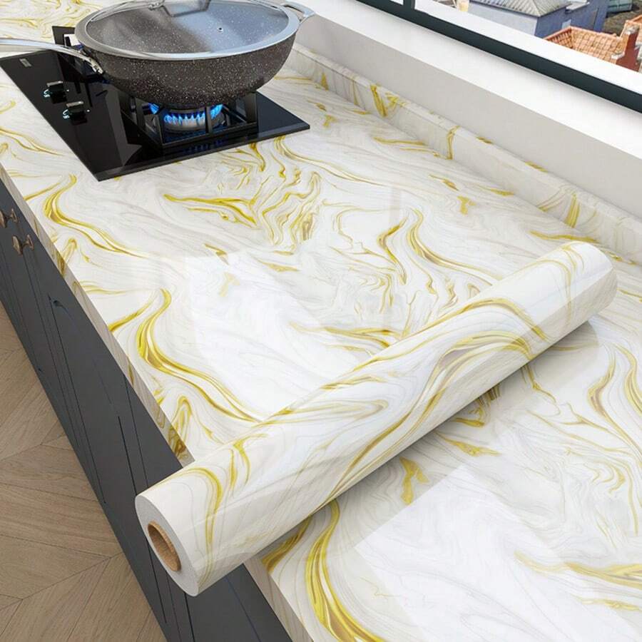 1pc Blue & Gold Glossy Marble Pattern Kitchen Oil-Proof Sticker, Heat Resistant, Waterproof, Mildew-Proof Tile Wall Paper, Self-Adhesive Cabinet Wall Decal, Countertop Renovation Marble Texture Film - Blue Gold - View 1