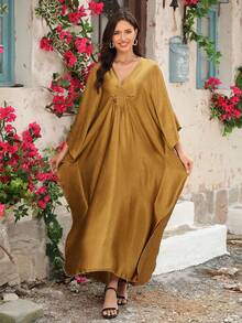 Gold Luxury Crochet Trim Beach Cover Up, Loose Fit Vacation Robe - Gold - View 1