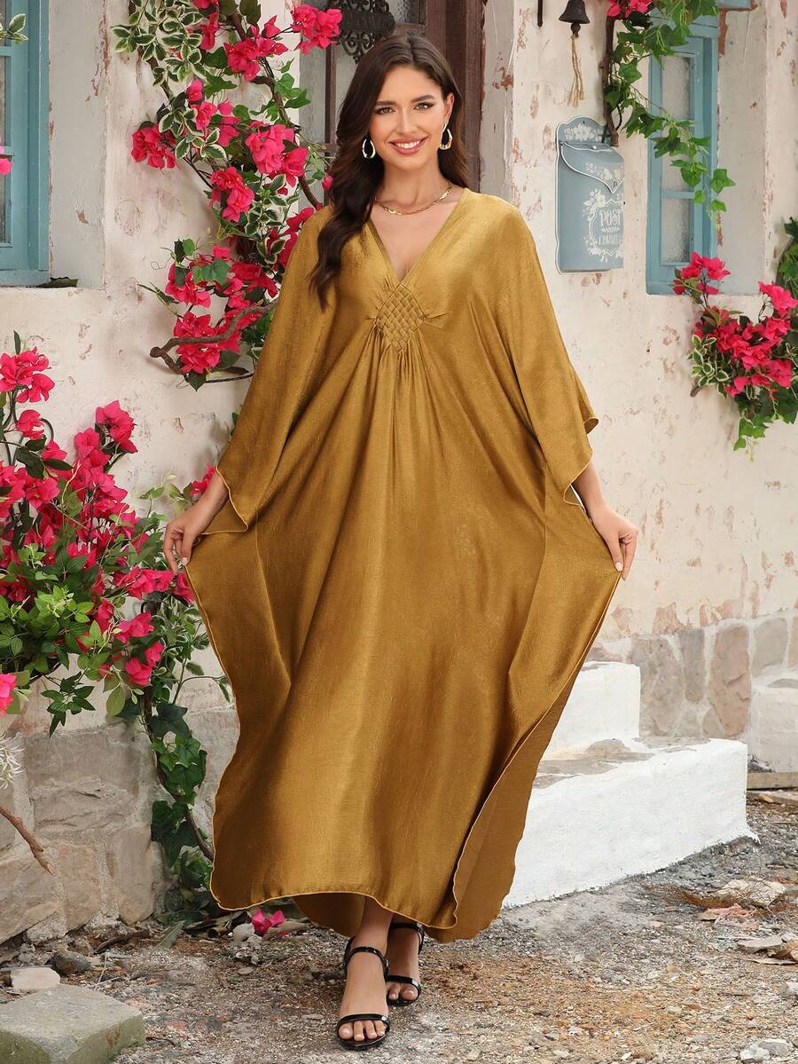 Gold Luxury Crochet Trim Beach Cover Up, Loose Fit Vacation Robe - Gold - View 1