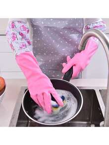 2pcs Long Cuff Waterproof Rubber Gloves, Warm Lining, For Household Cleaning, Dishwashing, Laundry - Multicolor - View 6