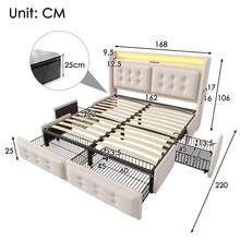Upholstered Bed 160x200, Double Bed With LED Headboard And USB C Charging Function And 4 Drawers, Storage Bed With Slatted Base Made Of Wood And Metal Frame, Load Capacity 300 Kg, Beige, Cotton (Without Mattress) - Beige - View 5