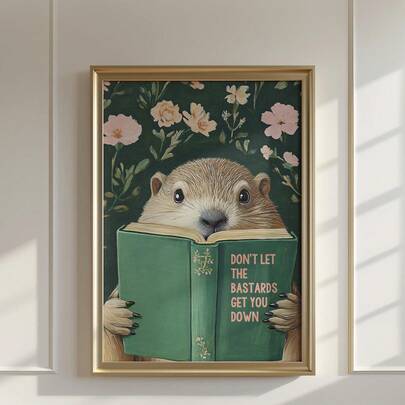 1pc Frameless Groundhog Reading Motivational Books Art Print, Whimsical Animal Wall Decor For Home Office, Inspirational Rodent Poster, Gift For Book Lovers, Library Aesthetic Print, Funky Animal Reading Art