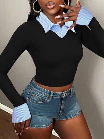 1. Casual Blouse For Women, Spring/Autumn\N2. Women's Slim Fit Commuter Colorblock Striped Patchwork Bell Sleeve Faux Two Pieces Top T-Shirt\N3. Elegant Dress For Women