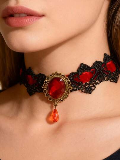 1pc Exaggerated Black Lace Choker Necklace, 2025 New Teardrop Pendant Necklace For Women Valentine's Day Accessories