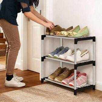 三层多功能鞋架，内置鞋带收纳器，坚固耐用，节省空间，适用于运动鞋、高跟鞋、拖鞋、平底鞋、短靴 | 多功能包包展示架和鞋子收纳整理架 | 简洁优雅的设计，完美适用于玄关、宿舍、卧室、客厅、衣橱、公寓等小空间