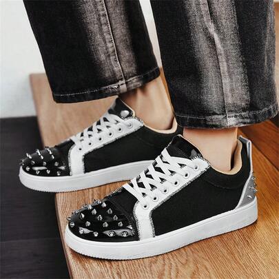 男士铆钉装饰休闲网面透气运动鞋，学生滑板鞋，街头朋克风格