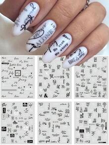 6张黑白艺术字母美甲贴纸，3D哥特式英文单词、字母、爱心、几何线条、抽象人脸设计，DIY Y2K风格自粘美甲贴纸，情人节、婚礼、节日装饰，美甲用品，送给女性和女孩的礼物 - 黑與白 - 查看 12