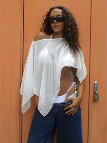 Women's One-Shoulder Sheer Mesh Poncho Asymmetrical Lightweight Shawl See Through Cover Up Top - 白色 - 查看 1